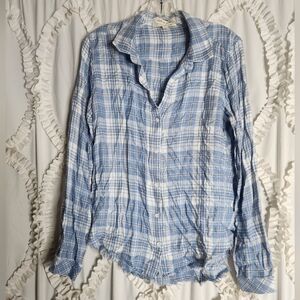 Cloth & Stone Blue Plaid Flannel Raw Hem Sz Large